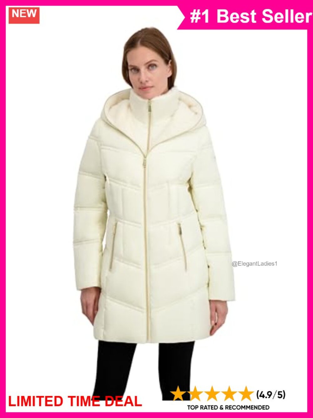 Quilted Puffer Coat 3/4 Length Faux Fur Trim Hooded Winter Jacket